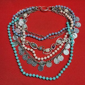 Layered Multi Strand Pastel Bead Silvertone Necklace